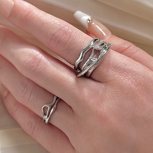 925 Sterling Silver Irregular Design Band Ring Set, Silver Color, Adjustable-Size
