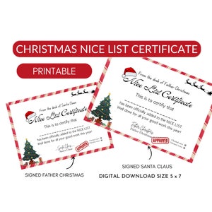 Certificado Lista Bonita Imprimible I Carta Oficial de Papá Noel Papá Noel I Descarga instantánea I Correo de Santa I Certificado de Navidad