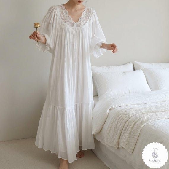 Victorian Cotton Nightgown Women, Long Fairy Lace Sleepwear Court Style Robe, Romantic White Loose Nightdress Gift for Her