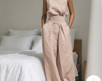 Linen Two Piece Set Women, Sleeveless Summer Outfit Casual Matching Coordinates, Gift for Her Beach Vacation Boho Style Relaxed