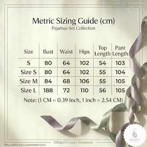 May include: Metric sizing guide for a pajamas set collection, displaying measurements in centimetres (cm). Sizes S to L are listed with bust, waist, hips, top length, and pant length. Note: 1 CM = 0.39 Inch, 1 Inch = 2.54 CM.