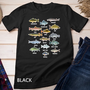May include: Black t-shirt with a graphic of different types of fish, including sturgeon, carp, trout, pike, walleye, catfish, white bass, buffalo, bluegill, and roachfish. The text below each fish identifies the type of fish.