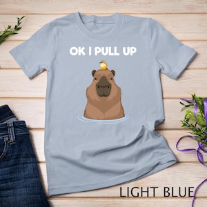 May include: Light blue t-shirt with the text "OK I PULL UP" and a cartoon capybara with a bird on its head.