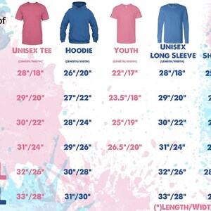 K&ouml;nnte beinhalten: Eine Gr&ouml;&szlig;entabelle f&uuml;r Kleidung mit verschiedenen Stilen, darunter ein Unisex-T-Shirt, ein Hoodie, ein Jugend-T-Shirt, ein Unisex-Langarmshirt und ein Damen-Kurzarmshirt. Die Tabelle zeigt die L&auml;ngen- und Breitenma&szlig;e in Zoll f&uuml;r jede Gr&ouml;&szlig;e von S bis 3XL.