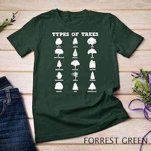 May include: A green t-shirt with white text that reads "Types of Trees" and shows silhouettes of different types of trees with their names underneath. The text "Forrest Green" is at the bottom of the shirt.