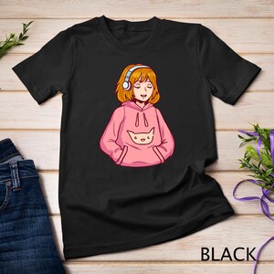Whimsical Anime Girl With Blue And White Headphones And Adorable Cat Hoodie Design T-Shirt Sweatshirt