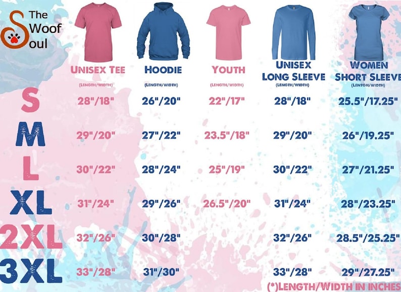 May include: A size chart for clothing with different styles, including a unisex tee, hoodie, youth tee, unisex long sleeve tee, and women's short sleeve tee. The chart shows the length and width measurements in inches for each size, from S to 3XL.