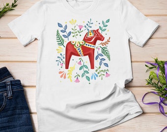 Camiseta sueca Dala Horse Folk Art con bandera de Suecia Dalahelmsoljd Horse