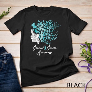 Koszulka z nadrukiem na temat świadomości raka szyjki macicy Teal Butterflies T-shirt Bluza
