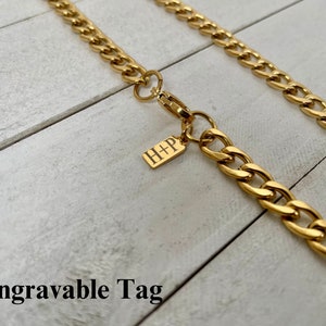 7mm Gold Plated Curb Chain: Stainless Steel Men&#39;s Necklace, Personalized Tag
