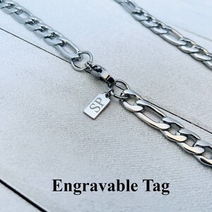 Mens Silver Figaro Chain: Custom Stainless Steel Necklace, Engravable Tag