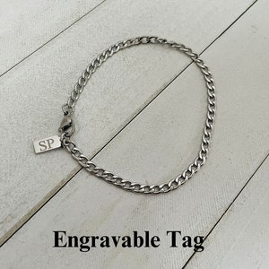 Silver 4mm Men Personalized Bracelet, Engraved Curb Link Bracelet With Personalized Gift Box