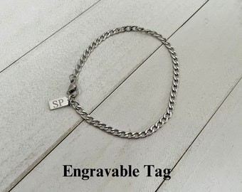 Silver 4mm Men Personalized Bracelet, Engraved Curb Link Bracelet With Personalized Gift Box