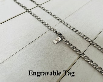 Mens Silver 5mm Curb Chain, Personalized Necklace, Stainless Steel Curb Chain, Custom Initial Tag Chain, Gift For Partner, Personalized Gift