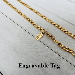 Mens Chain 4mm Gold Plated Figaro Chain, Custom Necklace Stainless Steel Chain Initial Engraved for Men, Birthday Gift for Boy, Unisex Chain
