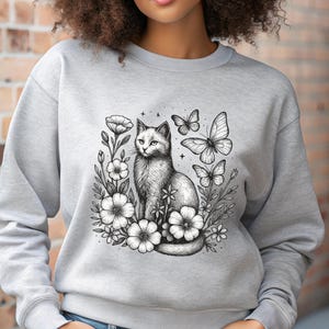 Cat Floral Crewneck Sweatshirt, Vintage Style Cat Sweatshirt