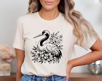 Crane Bird Floral Shirt, Elegant Nature Tshirt, Line Art Bird Gift