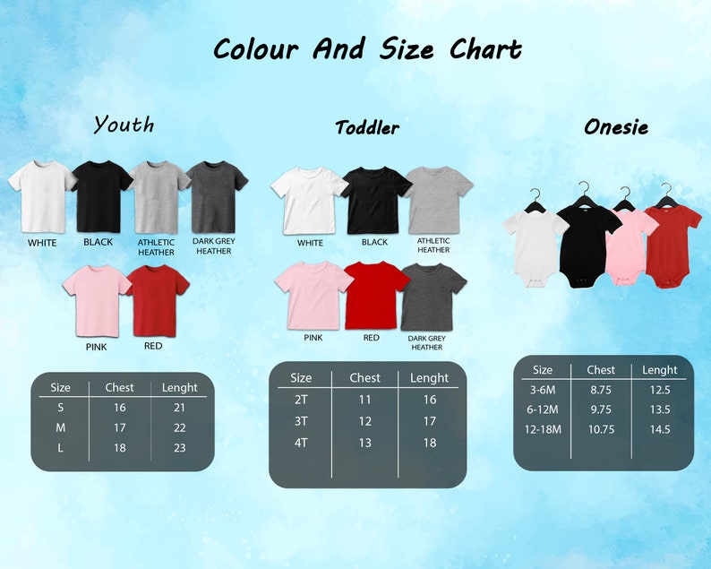 Pode incluir: Tabela de cores e tamanhos para roupas para jovens, crian&ccedil;as pequenas e macac&otilde;es. Inclui camisetas brancas, pretas, cinzas, rosas e vermelhas. Os macac&otilde;es tamb&eacute;m est&atilde;o dispon&iacute;veis em branco, preto, rosa e vermelho. As tabelas de tamanhos fornecem medidas de peito e comprimento em cm.
