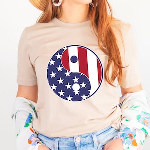 Yin Yang American Flag Shirt, Unisex Graphic Tee, Inspirational Yin Yang Tshirt, Unique USA Zen Gift, Ying Yang Symbol Tee