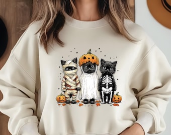 Halloween Cat Sweatshirt, Cute Cats in Costume Hoodie, Spooky Cat Lover Gift, Halloween Party