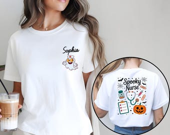 Personalized Halloween Nurse Shirt, Halloween Nurse Party Tshirt, Custom Spooky Nurse Gift with Name, Halloween Gift for Nurse