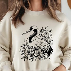 Crane Bird Floral Sweatshirt, Elegant Nature Hoodie, Line Art Bird Gift, Japanese Style Crane Gift, Minimalist Animal Gift for Nature Lover