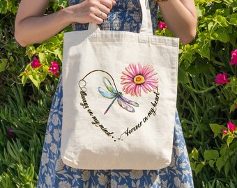 Dragonfly and Flower Tote Bag, Inspirational Heart Design