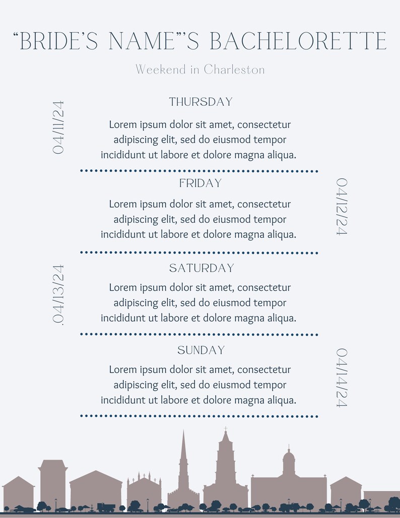Charleston Bachelorette Itinerary Template - Etsy