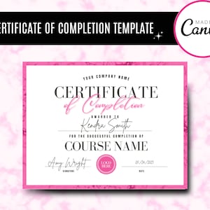 DIY Certificate of Completion, Editable Course Template, Pink Canva Certificate, Lash Tech Hair Nails Beauty Certificate Template, Printable