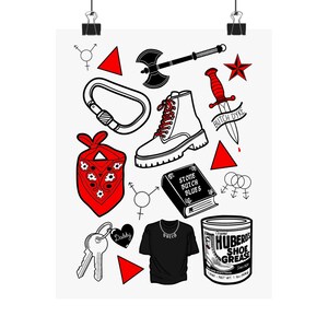 May include: A black and white illustration of various symbols and objects, including a boot, a book titled "Stone Butch Blues", a bandana, a key, a t-shirt, a can of shoe grease, and a dagger with the text "Butch Dyke".