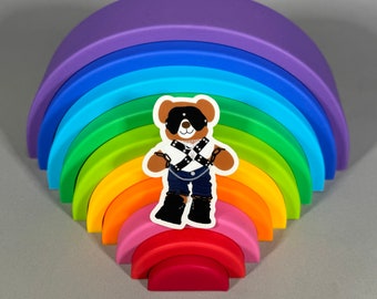 Kinky Teddy Bear sticker -- Kink BDSM Leather Harness Cuffs Bondage Blindfold Chains