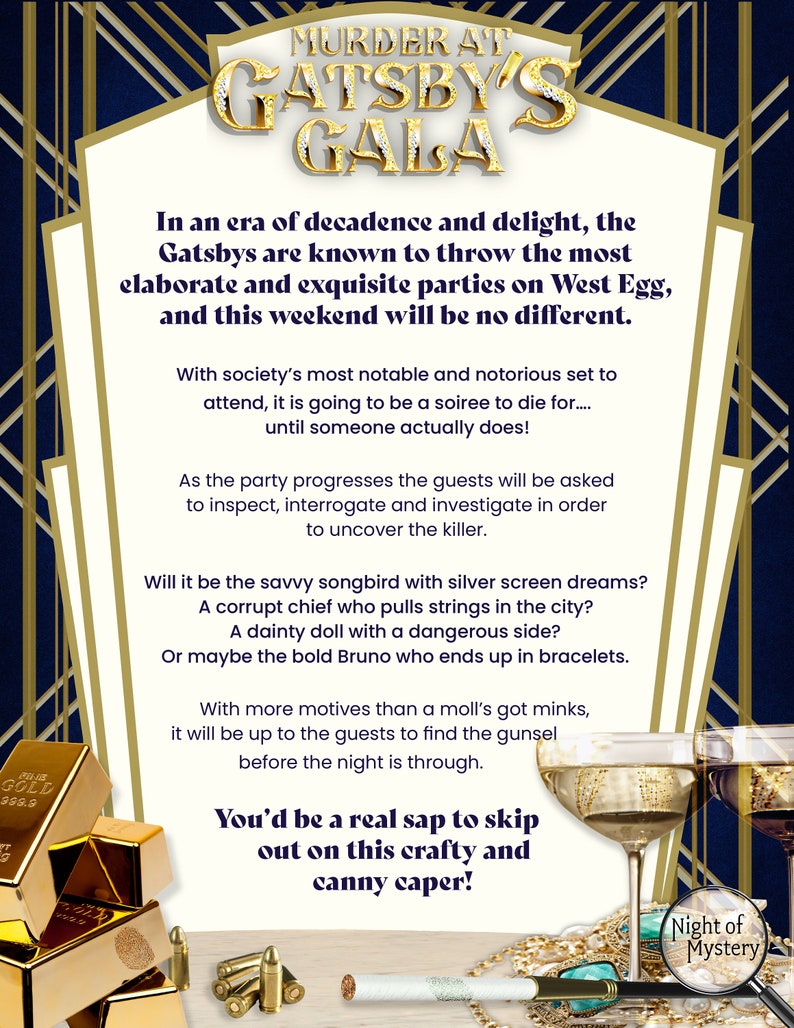 Murder at Gatsbys Gala Gatsby Theme Murder Mystery Party Game Printable ...