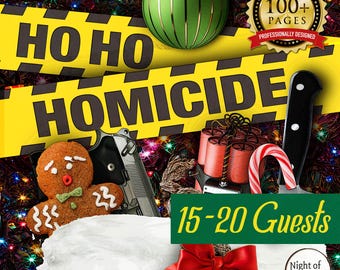 Op de afbeelding: Een kerstthema moordmysterie spel met een geel en zwart waarschuwingslint met de tekst "Ho Ho Homicide". Het spel is ontworpen voor 15-20 gasten en bevat meer dan 100 pagina's professioneel ontworpen materiaal. De afbeelding toont ook een peperkoekman, een pistool, een snoepstok, een bom en een mes.