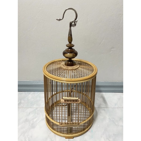 Handmade wooden Bamboo Tree root canister cage, yard bill cage with cage head, large hook