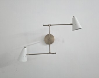 Handcrafted Mid-Century Wall Sconce: Raw Brass & White Cone Lamp