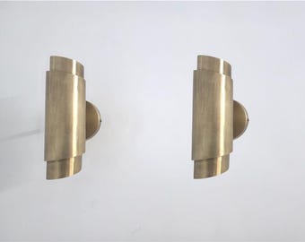 Set of 2 Raw Brass Shade Wall Sconces: Modern Stilnovo Style Light