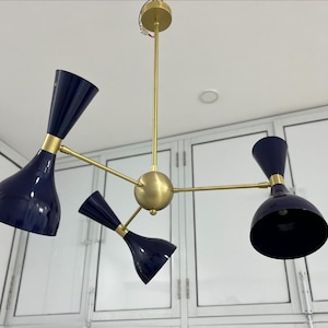 Mid Century Stilnovo 3 Arms Handmade Chandelier 6 Lights Fixture Dark Blue Shade And Brushed Brass Chandelier Decorative