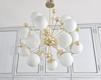 Mid Century Star Bust Chandelier: 18 Glass Globe Polished Brass Light