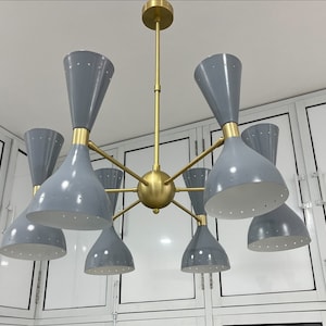 Sputnik Chandelier Stilnovo 6 Arms Handmade Chandelier 12 Lights Mid Century Light Fixture Chandeliers Décor Grey And Brushed Brass