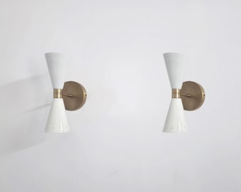 Pair of Mid Century Wall Sconces Raw Brass & White Cone Lamp