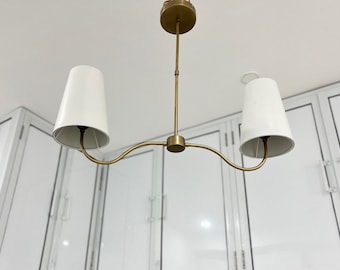 2-Light Brass and White Chandelier  - Mid-Century Modern Minimalist Pendant