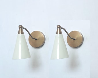 Pair of Mid-Century Wall Sconces: Raw Brass & White Cone Lamps