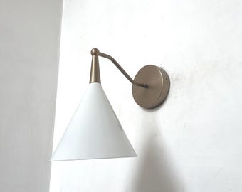 Handmade Raw Brass Wall Sconce: Mid-Century Modern White Shade