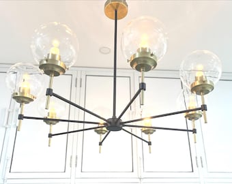 Globe Chandelier: Mid Century Modern Brass & Black Industrial Lighting