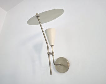 Mid-Century Wall Sconces: Raw Brass & White Cone Lamps