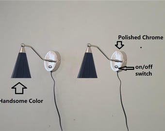 Pair of Mid-Century Wall Sconces: Chrome & Handsome Cone Lamps