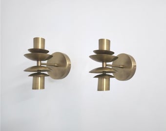 Pair of Mid-Century Wall Sconces: Raw Brass Lamps