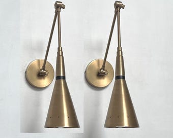 Mid Century Raw Brass Wall Sconce Set: Bedroom Lighting