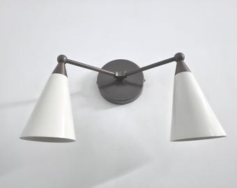 Mid-Century Wall Sconces:Brass & White Cone Lamps