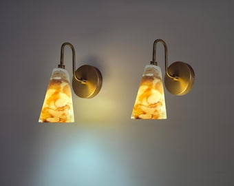 Pair of Mid-Century Wall Sconces: Raw Brass & Glass Cone Lamps